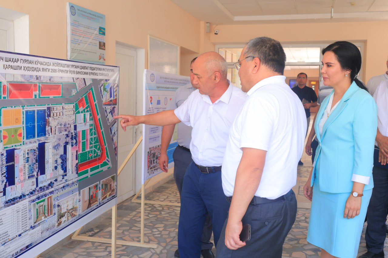   OLIY TA’LIM, FAN VA INNOVATSIYALAR VAZIRI URGANCH DAVLAT PEDAGOGIKA INSTITUTI HUDUDIDA BARPO QILINAYOTGAN 7 QAVATLI 400 O‘RINLI TALABALAR TURAR JOYI BINOSINING QURILISH ISHLARINI KO‘ZDAN KECHIRDI