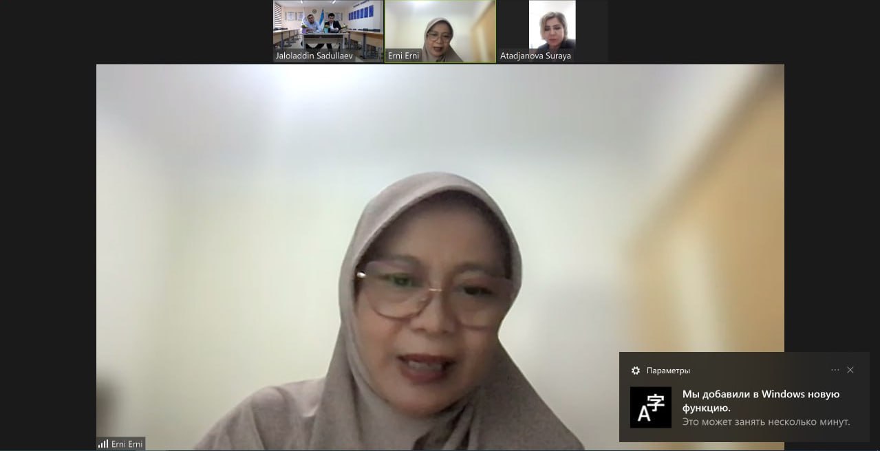 urspi.uz;INDONEZIYANING RIAU UNIVERSITETI DOKTORI ERNI M.HUM BILAN VEBINAR O‘TKAZILDI VA 2023-2024-O‘QUV YILINING SENTABR–DEKABR OYLARIDA DOKTORNING URGANCH DAVLAT PEDAGOGIKA INSTITUTIDA TALABALARGA TA’LIM BERISHI YUZASIDAN KELISHIB OLINDI